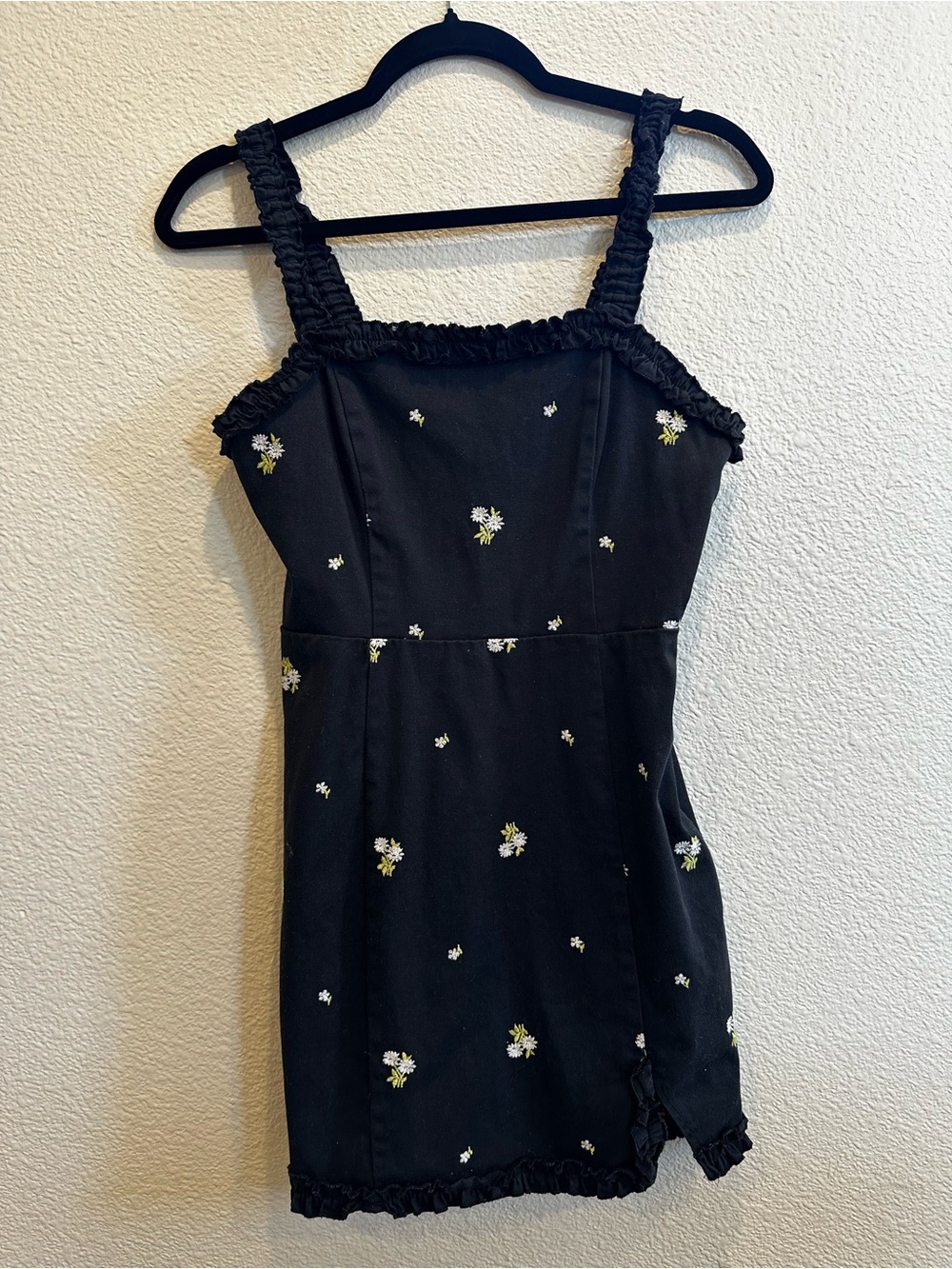 Urban Outfitters Black Mini Dress Ditsy White Yellow Floral Embroidery ruffles S